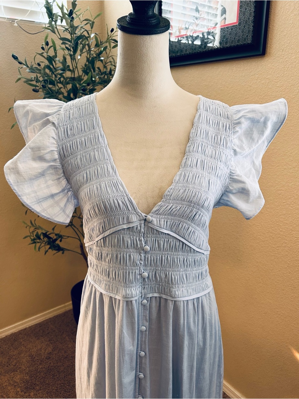 Altar'd State Bianca Button Up Maxi Dress Light Blue Smocked Cottage-core - Picture 2 of 12